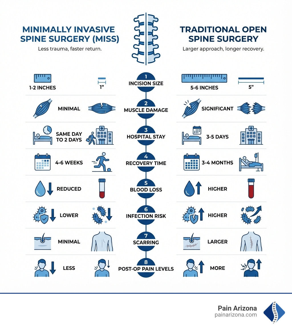 Infographic comparing minimally invasive spine surgery and traditional open spine surgery side-by-side, showing differences in incision size (1-2 inches vs 5-6 inches), muscle damage (minimal vs significant), hospital stay duration (same day to 2 days vs 3-5 days), recovery time (4-6 weeks vs 3-4 months), blood loss (reduced vs higher), infection risk (lower vs higher), scarring (minimal vs larger), and post-operative pain levels (less vs more) - minimally invasive spine surgery infographic 