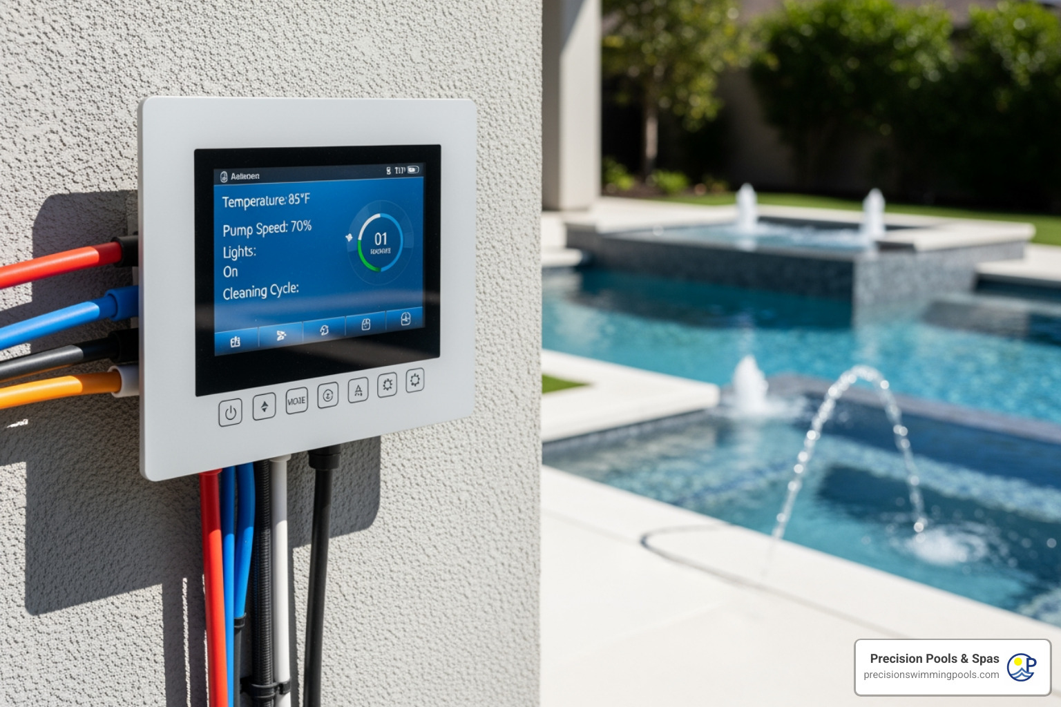 A smartphone screen displaying a user-friendly pool automation app interface, showing controls for pump speed, heater temperature, lighting colors, and a water feature, all accessible with a tap - Pool automation system cost