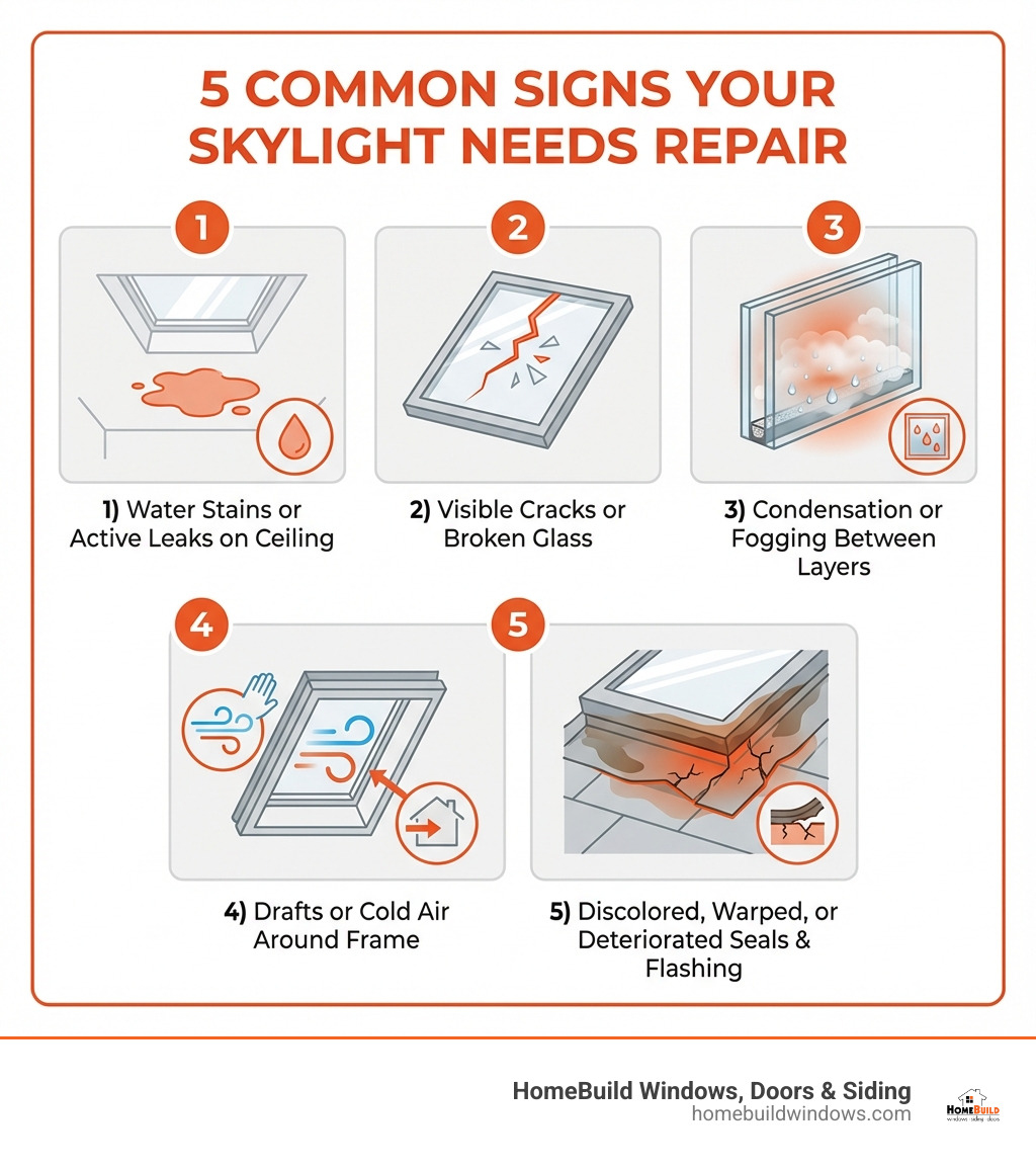 Infographic showing the 5 most common signs your skylight needs repair: 1) Water stains or active leaks on the ceiling around the skylight, 2) Visible cracks or broken glass in the skylight pane, 3) Condensation or fogging between glass layers that won't clear, 4) Drafts or cold air around the skylight frame, and 5) Discolored, warped, or deteriorated seals and flashing - skylight repairs near me infographic 