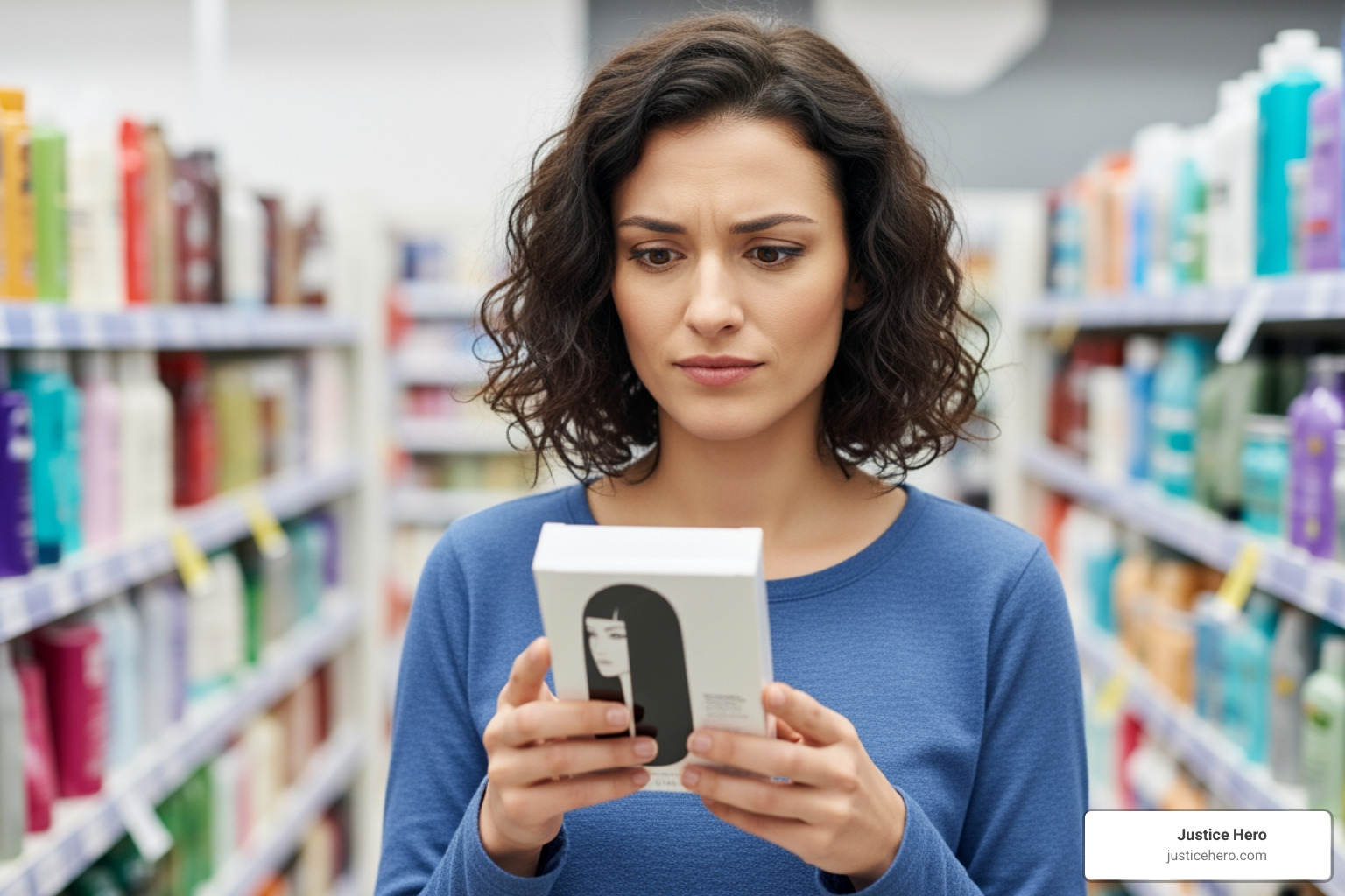 a woman looking thoughtfully at a chemical hair relaxer product box - hair straightener breast cancer lawsuit
