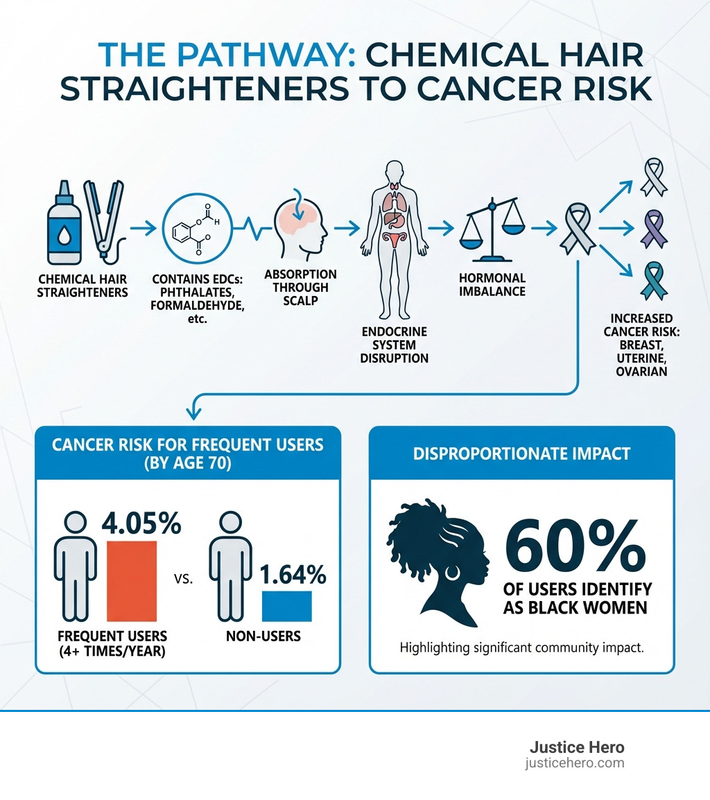 infographic showing the pathway from chemical hair straightener use to cancer risk: products containing EDCs like phthalates and formaldehyde → absorption through scalp → endocrine system disruption → hormonal imbalance → increased cancer risk (breast, uterine, ovarian), with statistics showing 4.05% risk for frequent users vs 1.64% for non-users, and 60% of users identifying as Black women - hair straightener breast cancer lawsuit infographic 