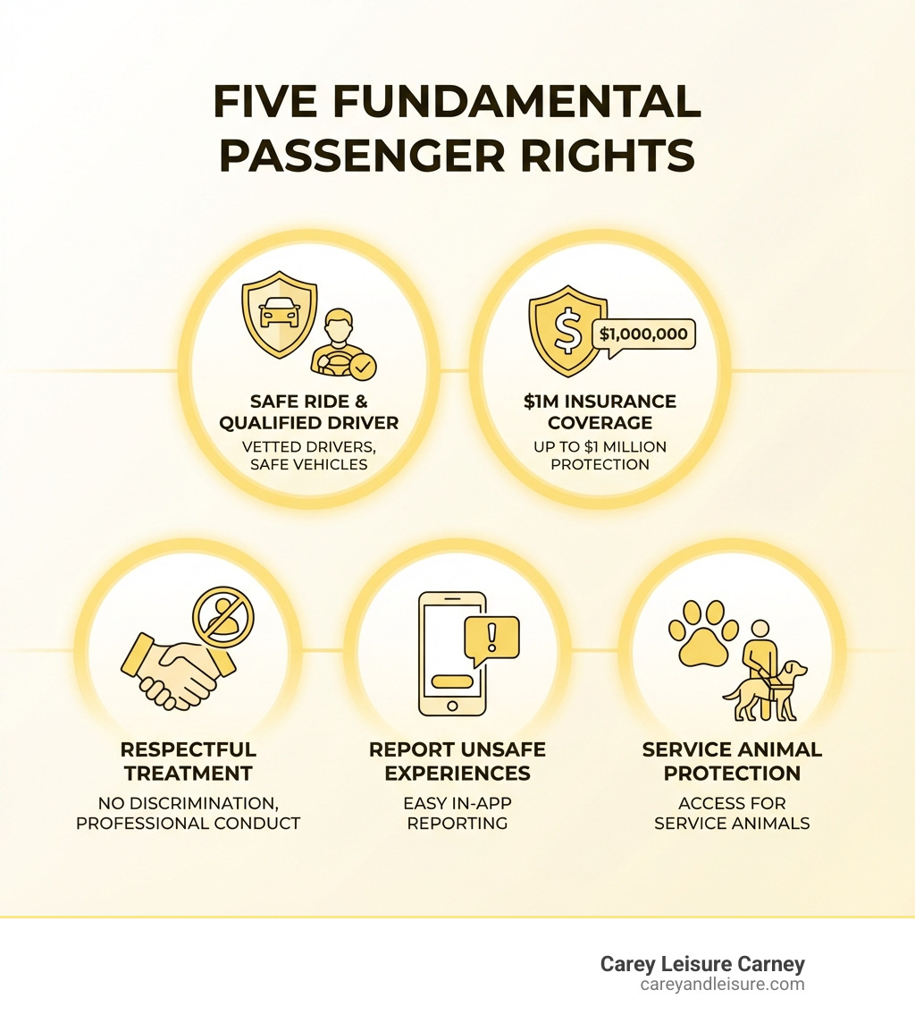 infographic showing five fundamental uber passenger rights: right to safe ride with qualified driver, insurance coverage up to one million dollars, respectful treatment without discrimination, ability to report unsafe experiences, and protection for service animals - Uber passenger rights infographic infographic showing five fundamental uber passenger rights: right to safe ride with qualified driver, insurance coverage up to one million dollars, respectful treatment without discrimination, ability to report unsafe experiences, and protection for service animals - Uber passenger rights infographic