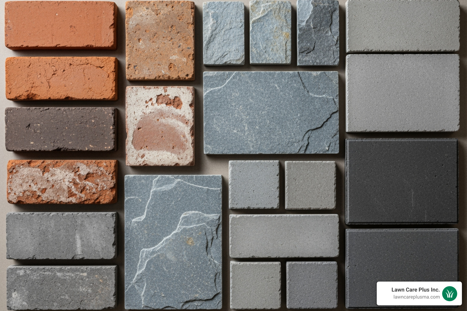 Various masonry materials like brick, bluestone, and concrete pavers laid out. - Masonry contractor Needham MA Various masonry materials like brick, bluestone, and concrete pavers laid out. - Masonry contractor Needham MA