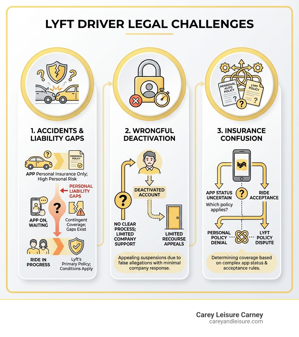 Infographic showing three main legal issues for Lyft drivers: 1. Accidents - navigating three-tier insurance coverage and personal liability gaps, 2. Deactivation - appealing wrongful account suspension with limited company recourse, 3. Insurance Confusion - determining which policy applies based on app status and ride acceptance - lawyer for lyft driver infographic 