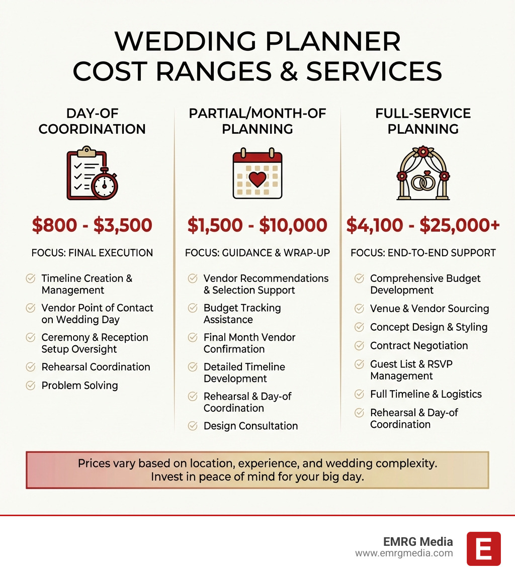 Infographic showing wedding planner cost ranges: Day-of coordination ($800-$3,500), Partial/Month-of planning ($1,500-$10,000), and Full-service planning ($4,100-$25,000+), with icons representing each service level and typical inclusions - wedding planner prices infographic 