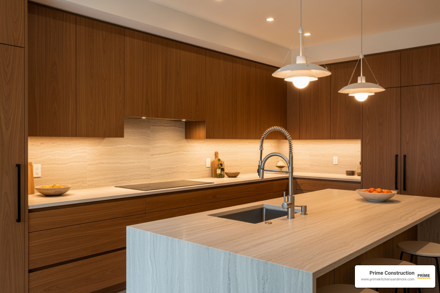 modern kitchen with warm wood cabinets and stone backsplash - modern kitchen ideas