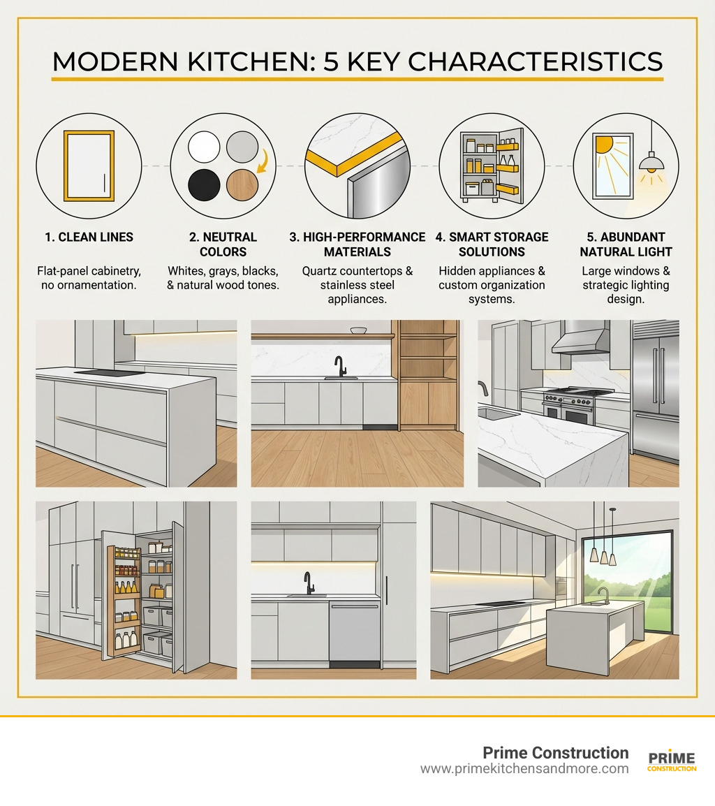 Infographic showing the 5 key characteristics of a modern kitchen: 1. Clean lines with flat-panel cabinetry and minimal ornamentation, 2. Neutral color schemes featuring whites, grays, blacks, and natural wood tones, 3. High-performance materials like quartz countertops and stainless steel appliances, 4. Smart storage solutions including hidden appliances and custom organization systems, 5. Abundant natural light through large windows and strategic lighting design - modern kitchen ideas infographic 