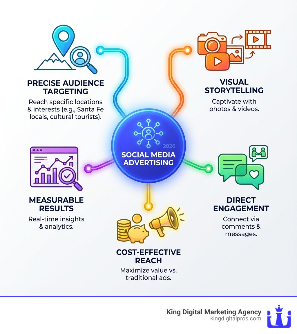 Infographic Showing The Key Benefits Of Social Media Advertising: Precise Audience Targeting By Location And Interests, Visual Storytelling Through Photos And Videos, Direct Engagement With Potential Customers Through Comments And Messages, Measurable Results With Real-Time Analytics, And Cost-Effective Reach Compared To Traditional Advertising - Social Media Advertising Santa Fe Infographic 