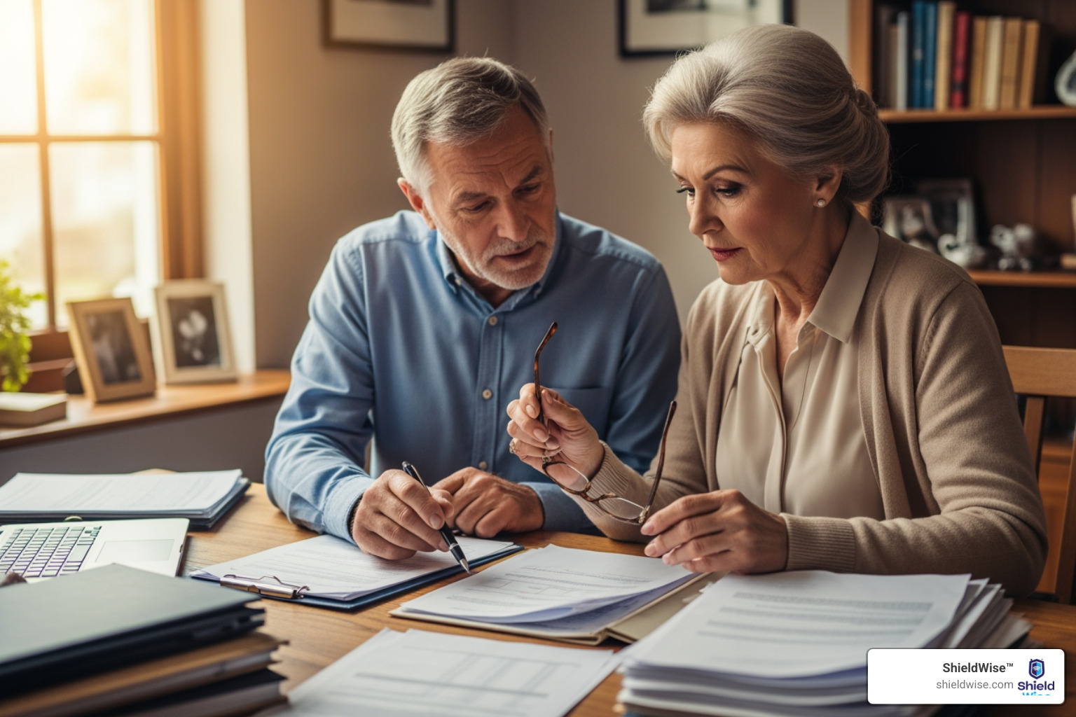 senior couple reviewing documents together - ways to pay for funeral and burial costs