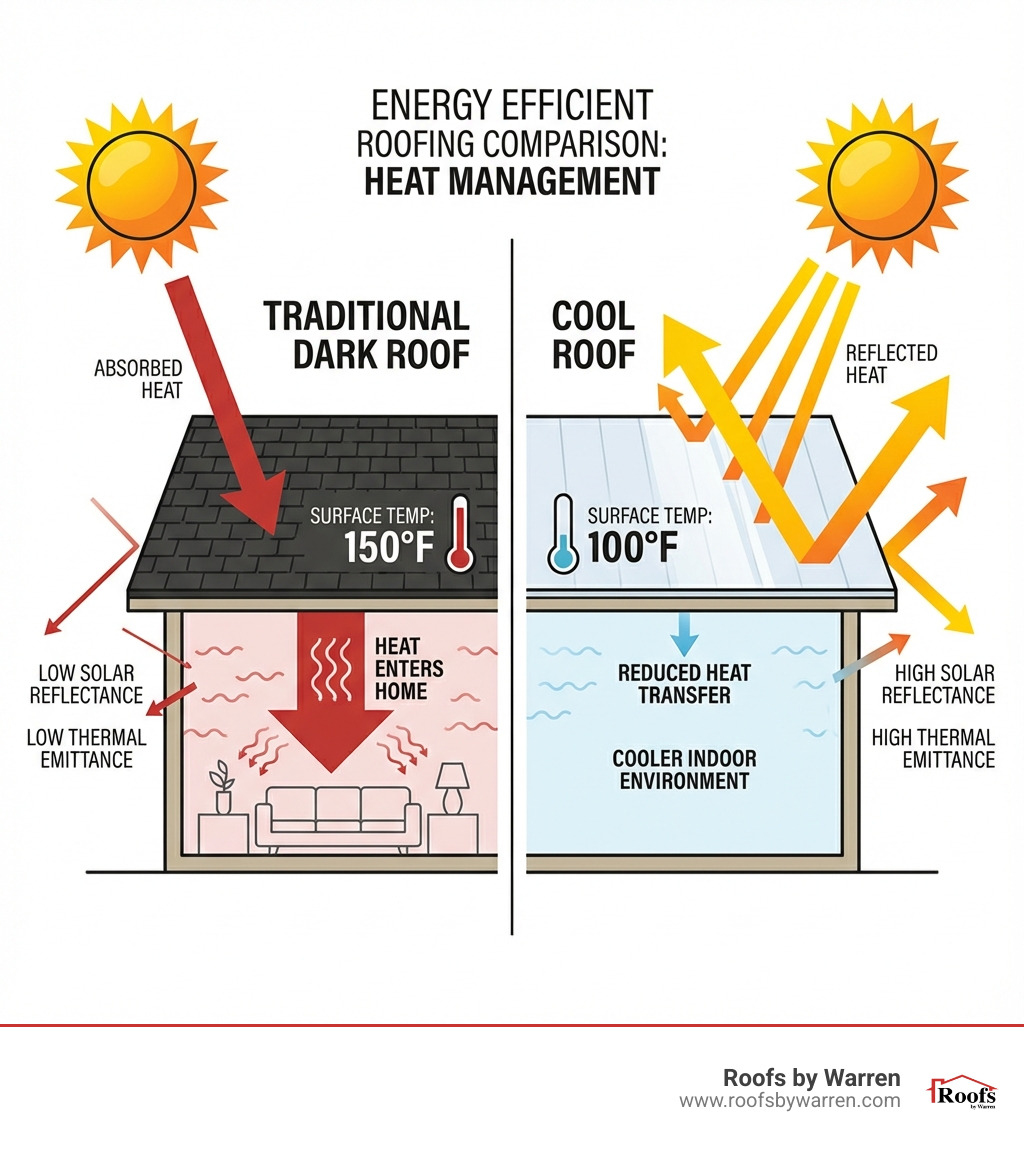 Infographic comparing a traditional dark roof absorbing heat with surface temperature of 150F versus a cool roof with reflective surface staying at 100F, showing heat arrows being absorbed into the home on the left and reflected away on the right, with labels for solar reflectance and thermal emittance properties - Energy efficient roofing infographic Infographic comparing a traditional dark roof absorbing heat with surface temperature of 150F versus a cool roof with reflective surface staying at 100F, showing heat arrows being absorbed into the home on the left and reflected away on the right, with labels for solar reflectance and thermal emittance properties - Energy efficient roofing infographic