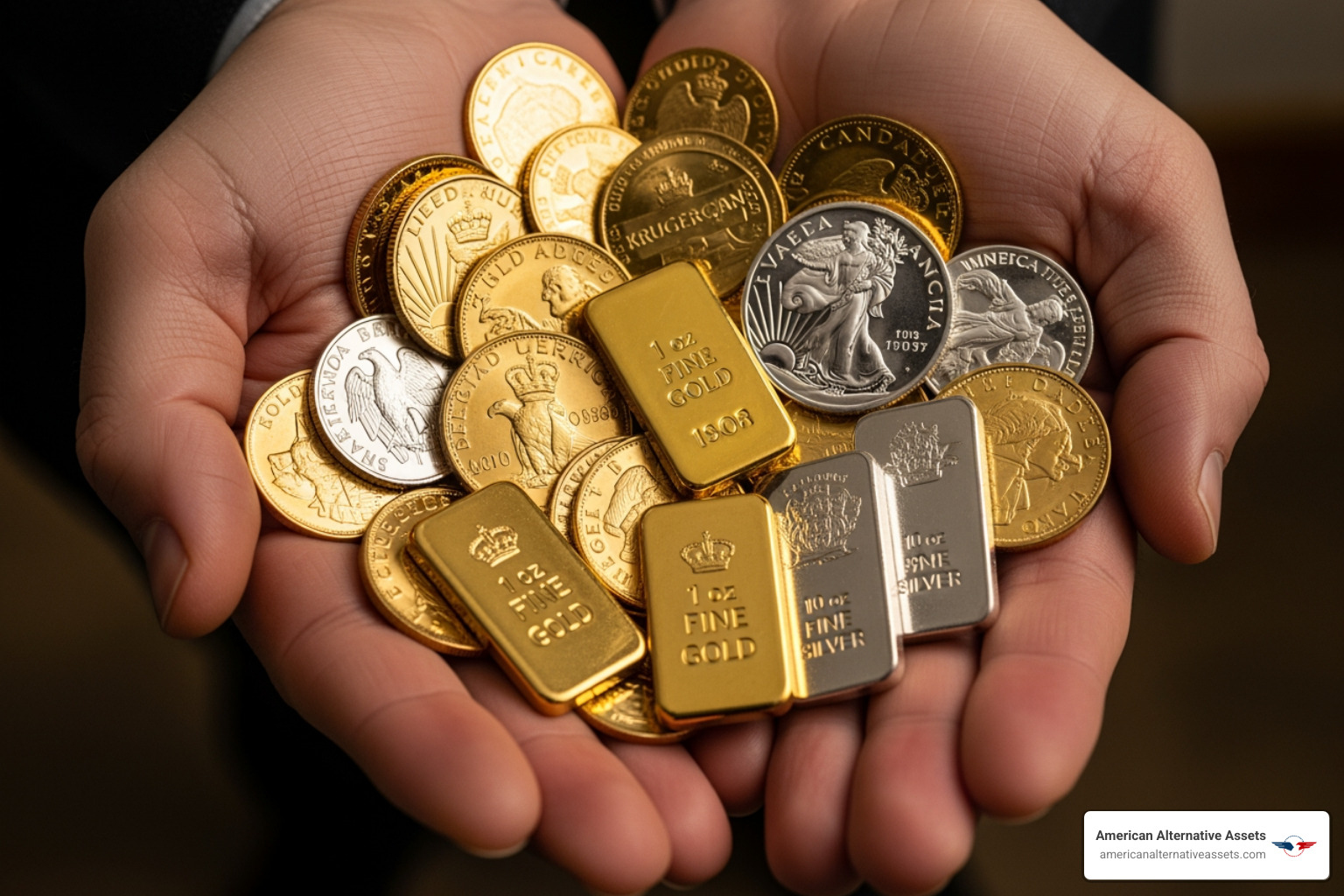 gold and silver coins and bars held in a person's hands - best gold stocks to invest in