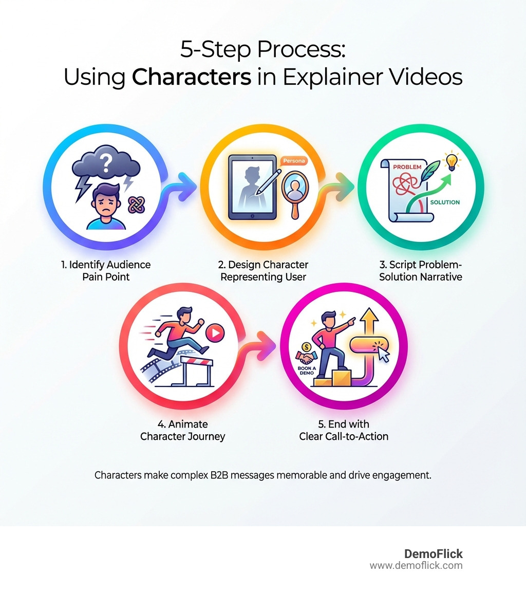 Infographic showing the five-step process of using characters in explainer videos: identify audience pain point, design character representing your user, script problem-solution narrative, animate character journey, end with clear call-to-action - character explainer video infographic Infographic showing the five-step process of using characters in explainer videos: identify audience pain point, design character representing your user, script problem-solution narrative, animate character journey, end with clear call-to-action - character explainer video infographic