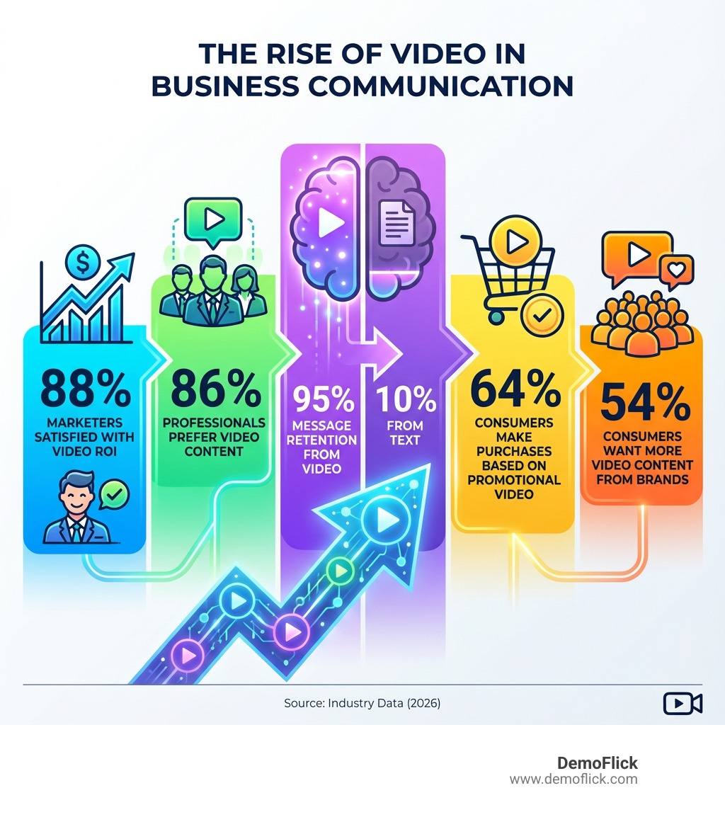 Infographic showing the rise of video in business communication: 88% of marketers satisfied with video ROI, 86% of professionals prefer video content, 95% message retention from video vs 10% from text, 64% of consumers make purchases based on promotional video, 54% of consumers want more video content from brands - hd video company infographic Infographic showing the rise of video in business communication: 88% of marketers satisfied with video ROI, 86% of professionals prefer video content, 95% message retention from video vs 10% from text, 64% of consumers make purchases based on promotional video, 54% of consumers want more video content from brands - hd video company infographic