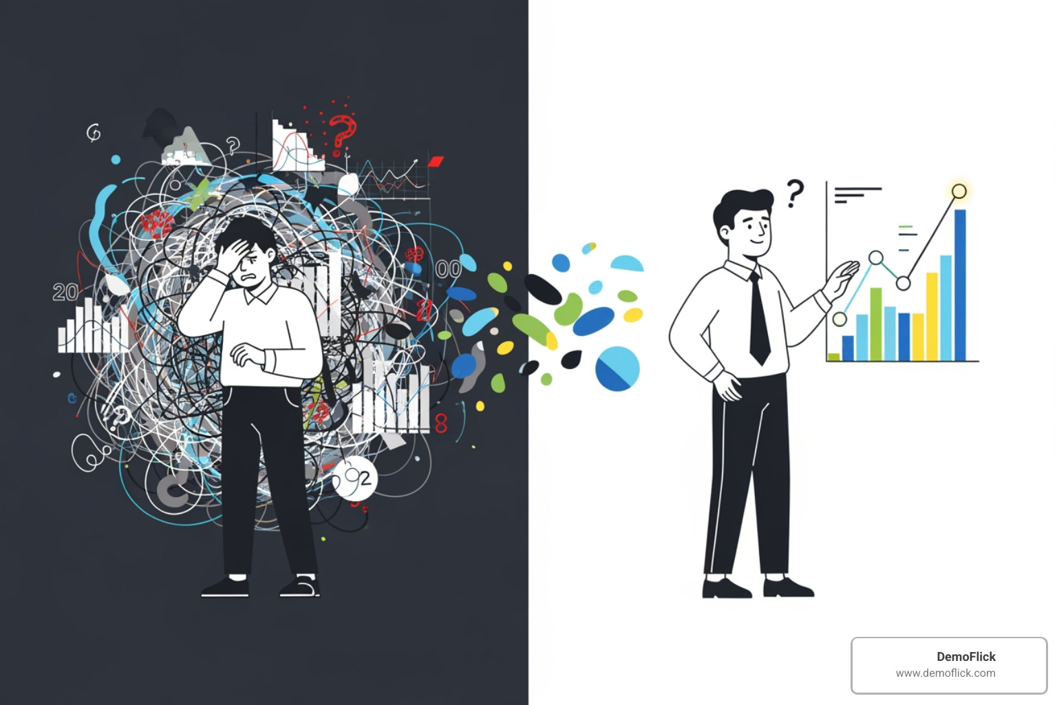 A character, looking overwhelmed by complex data, transforms into a confident, smiling figure after interacting with a simplified data visualization, representing a clear solution - character explainer video A character, looking overwhelmed by complex data, transforms into a confident, smiling figure after interacting with a simplified data visualization, representing a clear solution - character explainer video