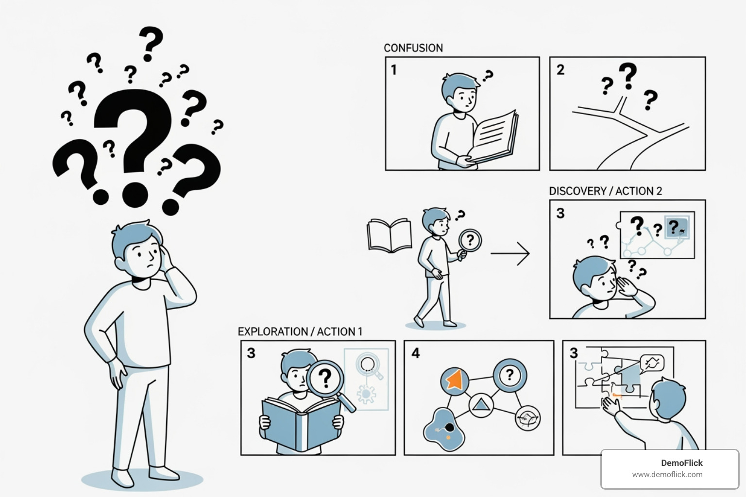 A storyboard illustrating a character's journey from confusion (indicated by question marks) to clarity (indicated by a lightbulb), with key actions and expressions outlined in each panel - character explainer video A storyboard illustrating a character's journey from confusion (indicated by question marks) to clarity (indicated by a lightbulb), with key actions and expressions outlined in each panel - character explainer video