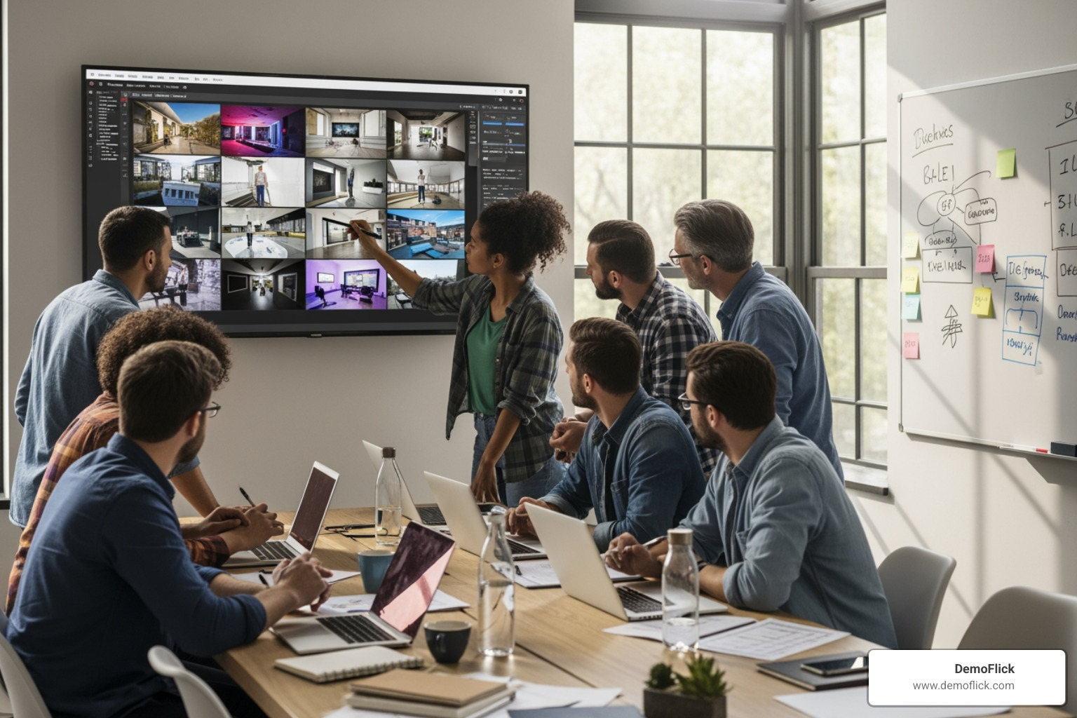 Creative team reviewing a video storyboard in a modern office, focusing on visual communication and project planning - hd video company Creative team reviewing a video storyboard in a modern office, focusing on visual communication and project planning - hd video company