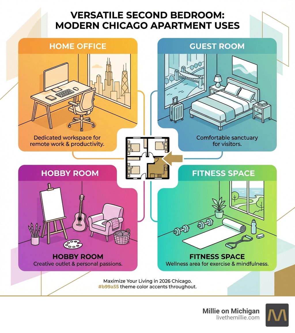 infographic showing versatile uses for a second bedroom including home office with desk and computer, guest room with comfortable bed, hobby room with art supplies, and fitness space with yoga mat, all in modern Chicago apartment settings - two bedroom chicago infographic 