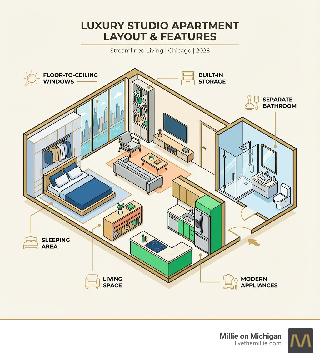 Infographic showing studio apartment layout with labeled zones for sleeping area, kitchen area, living space, and separate bathroom, plus common luxury features like floor-to-ceiling windows, built-in storage, and modern appliances - studio for rent Chicago infographic 