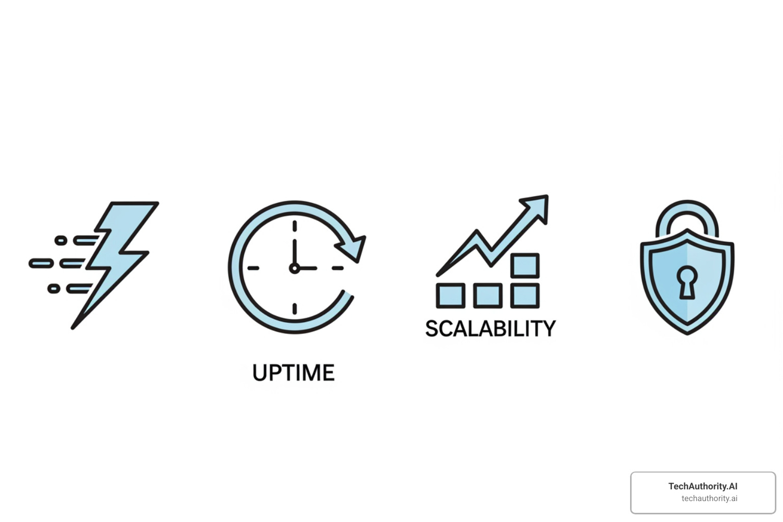 four icons representing Speed, Uptime, Scalability, and Security - Hosting Performance