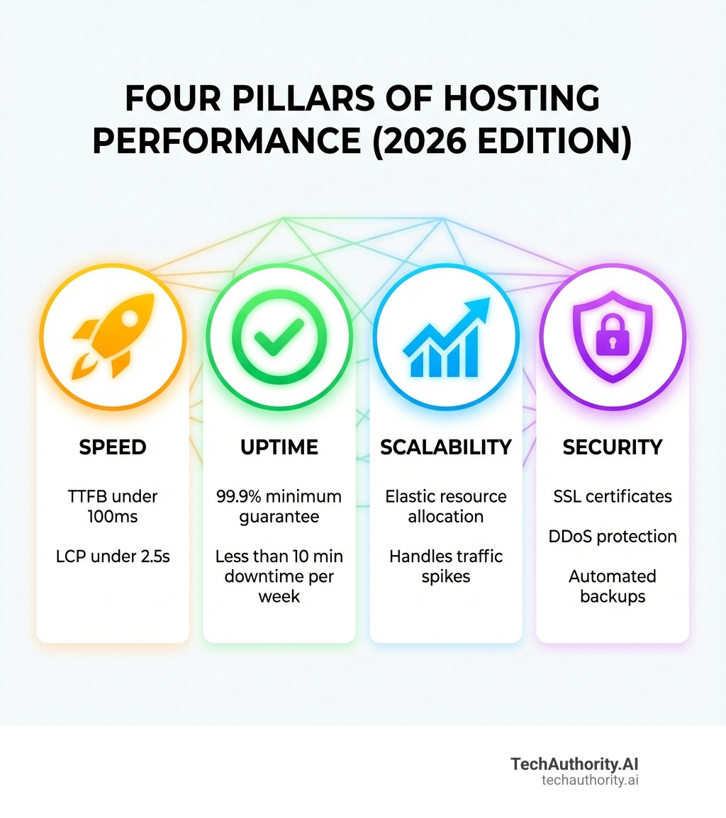 infographic showing four pillars of hosting performance: Speed (rocket icon, TTFB under 100ms, LCP under 2.5s), Uptime (checkmark icon, 99.9% minimum guarantee, less than 10 min downtime per week), Scalability (growth chart icon, elastic resource allocation, handles traffic spikes), and Security (shield icon, SSL certificates, DDoS protection, automated backups) - Hosting Performance infographic 