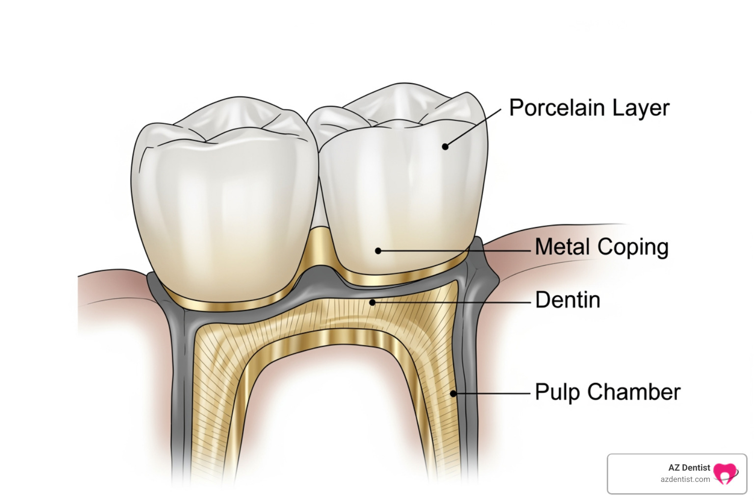 cross-section of a PFM crown with its metal base and porcelain overlay - dental crown materials