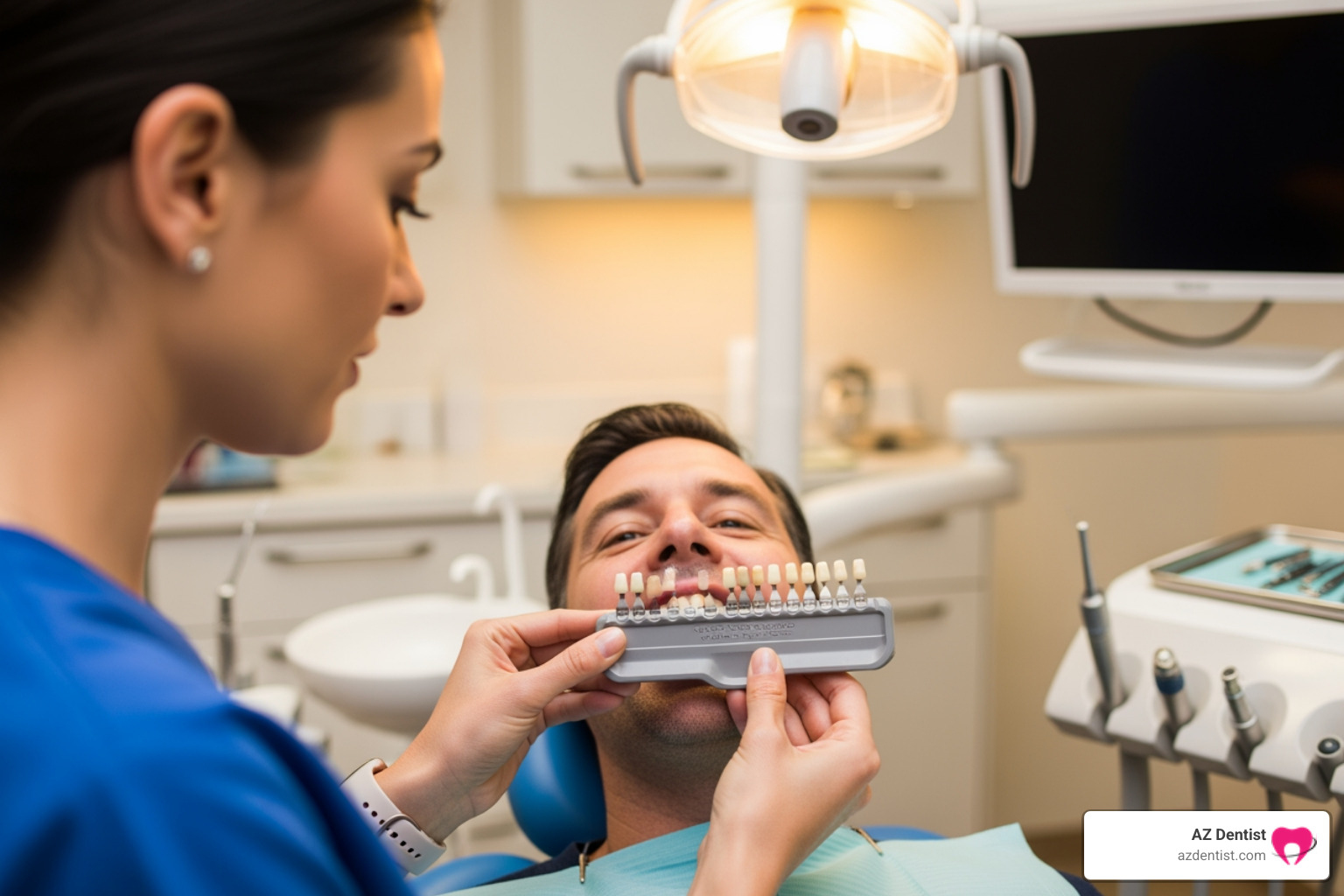 dentist using a shade guide next to a patient's teeth - dental crown materials