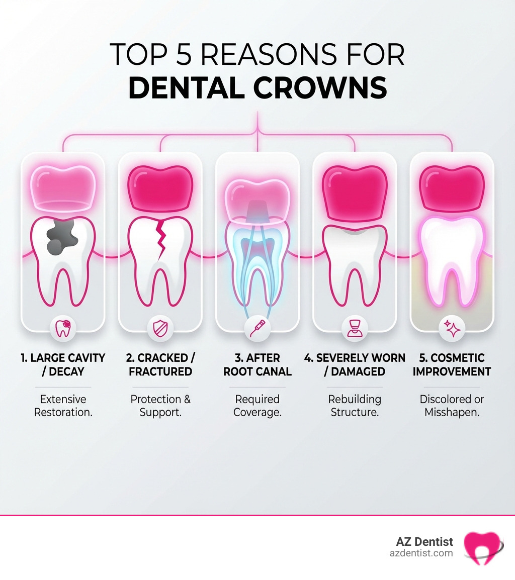 Infographic showing the top 5 reasons patients need dental crowns: 1) Tooth with large cavity or extensive decay requiring restoration, 2) Cracked or fractured tooth needing protection and support, 3) Tooth after root canal treatment requiring coverage, 4) Severely worn or damaged tooth needing rebuilding, 5) Cosmetic improvement for discolored or misshapen teeth - dental crown materials infographic 