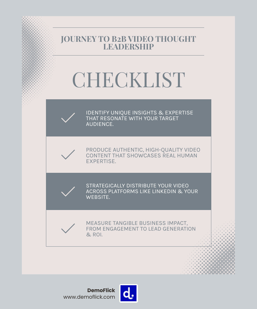Infographic showing the path from generic content to thought leadership through video: starting with identifying unique insights, moving through authentic video production, distributing across key channels, and measuring business impact Infographic showing the path from generic content to thought leadership through video: starting with identifying unique insights, moving through authentic video production, distributing across key channels, and measuring business impact