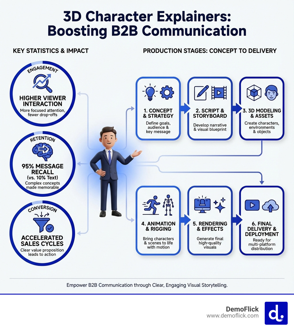 Infographic showing how 3D character explainers improve B2B communication: key statistics on engagement, retention, and conversion impact, with visual breakdown of production stages from concept to final delivery - 3d character explainer infographic Infographic showing how 3D character explainers improve B2B communication: key statistics on engagement, retention, and conversion impact, with visual breakdown of production stages from concept to final delivery - 3d character explainer infographic