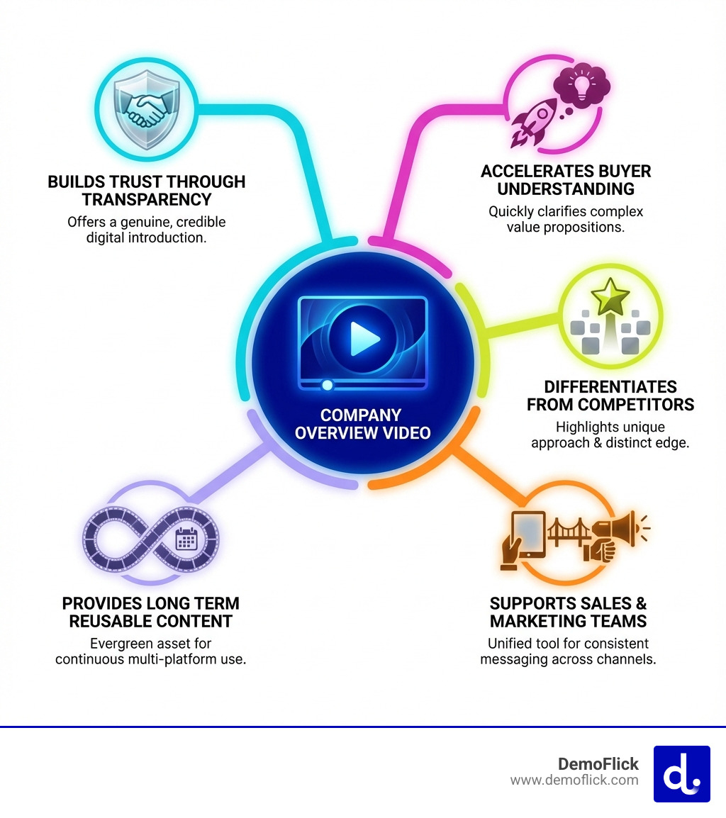 Infographic showing the five core benefits of a company overview video: builds trust through transparency, accelerates buyer understanding, differentiates from competitors, supports sales and marketing teams, and provides long term reusable content - company overview video infographic Infographic showing the five core benefits of a company overview video: builds trust through transparency, accelerates buyer understanding, differentiates from competitors, supports sales and marketing teams, and provides long term reusable content - company overview video infographic