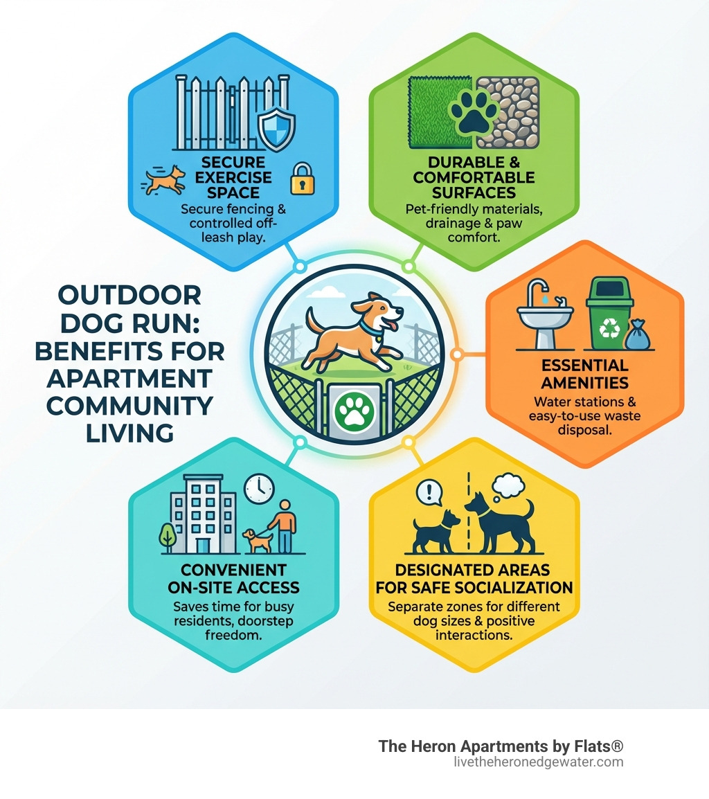 Infographic showing the benefits of outdoor dog runs: secure exercise space with proper fencing, durable and comfortable surface materials, essential amenities like water stations and waste disposal, designated areas for safe socialization, and convenient on-site access that saves time for busy residents - outdoor dog run infographic 