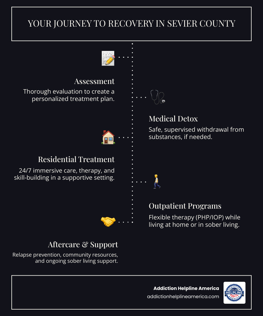 Infographic showing the journey from addiction assessment through detox, residential treatment, outpatient care, and aftercare support, with statistics on Tennessee's addiction crisis and recovery success rates - drug rehab Sevier county tn infographic infographic-line-5-steps-dark