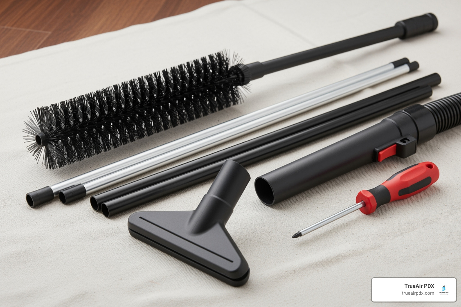 all necessary tools laid out on a drop cloth - cleaning lint from dryer duct