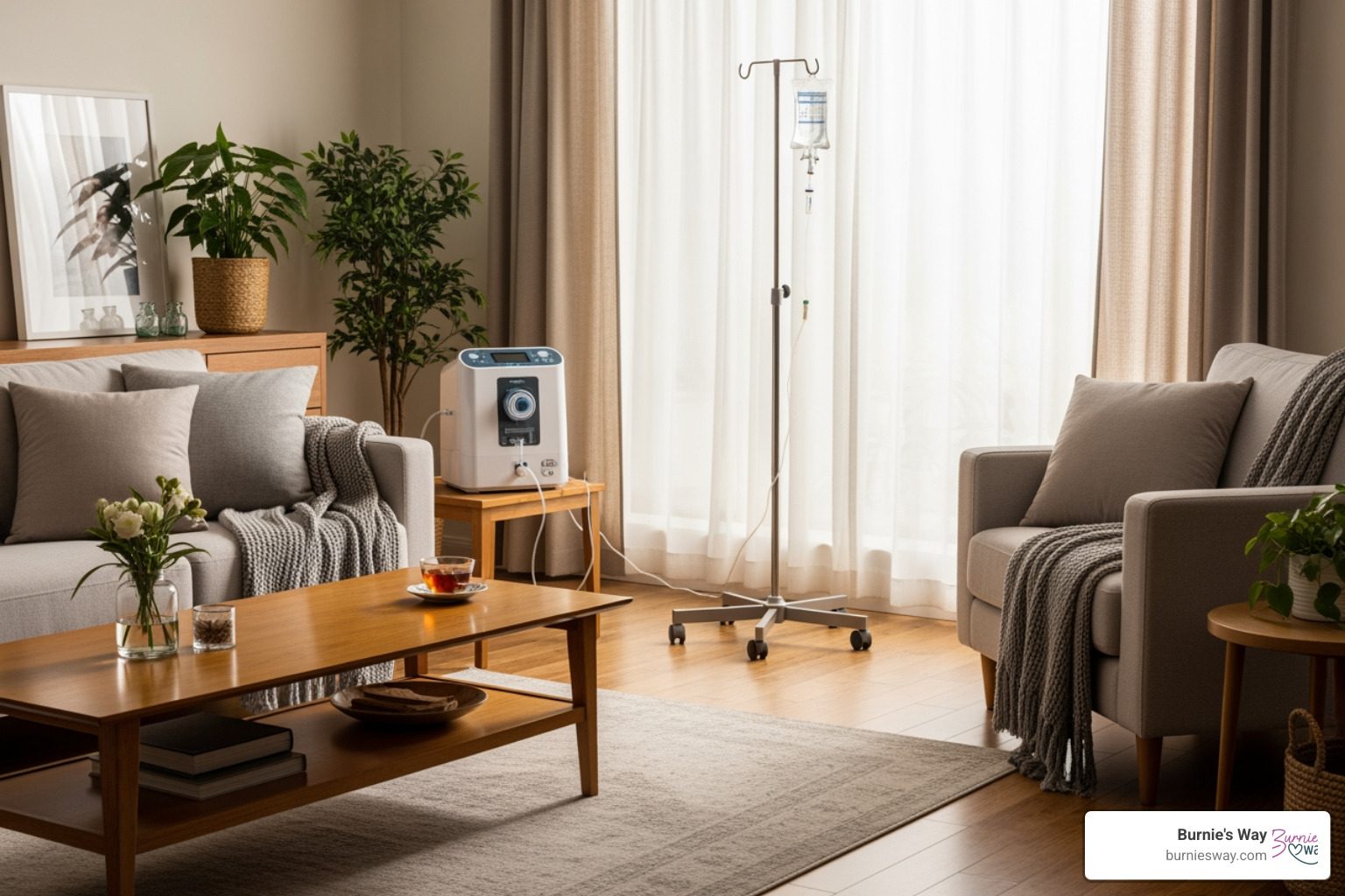 A calm home environment with subtle medical equipment present, suggesting continuous care. - continuous care services
