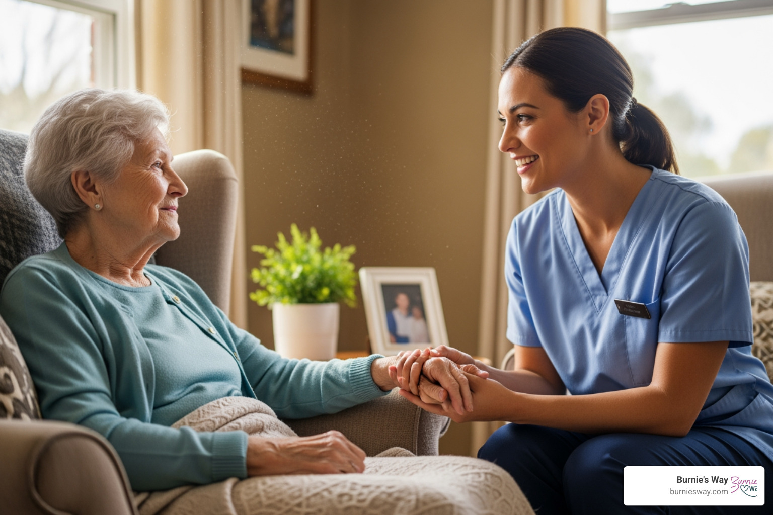 A nurse providing comfort to a client at home, demonstrating continuous care. - continuous care services