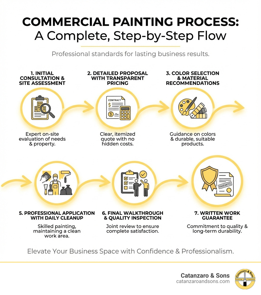 Infographic showing the complete commercial painting process: Initial consultation and site assessment, detailed proposal with transparent pricing, color selection and material recommendations, surface preparation and repairs, professional application with daily cleanup, final walkthrough and quality inspection, written work guarantee - commercial painting contractors RI infographic Infographic showing the complete commercial painting process: Initial consultation and site assessment, detailed proposal with transparent pricing, color selection and material recommendations, surface preparation and repairs, professional application with daily cleanup, final walkthrough and quality inspection, written work guarantee - commercial painting contractors RI infographic