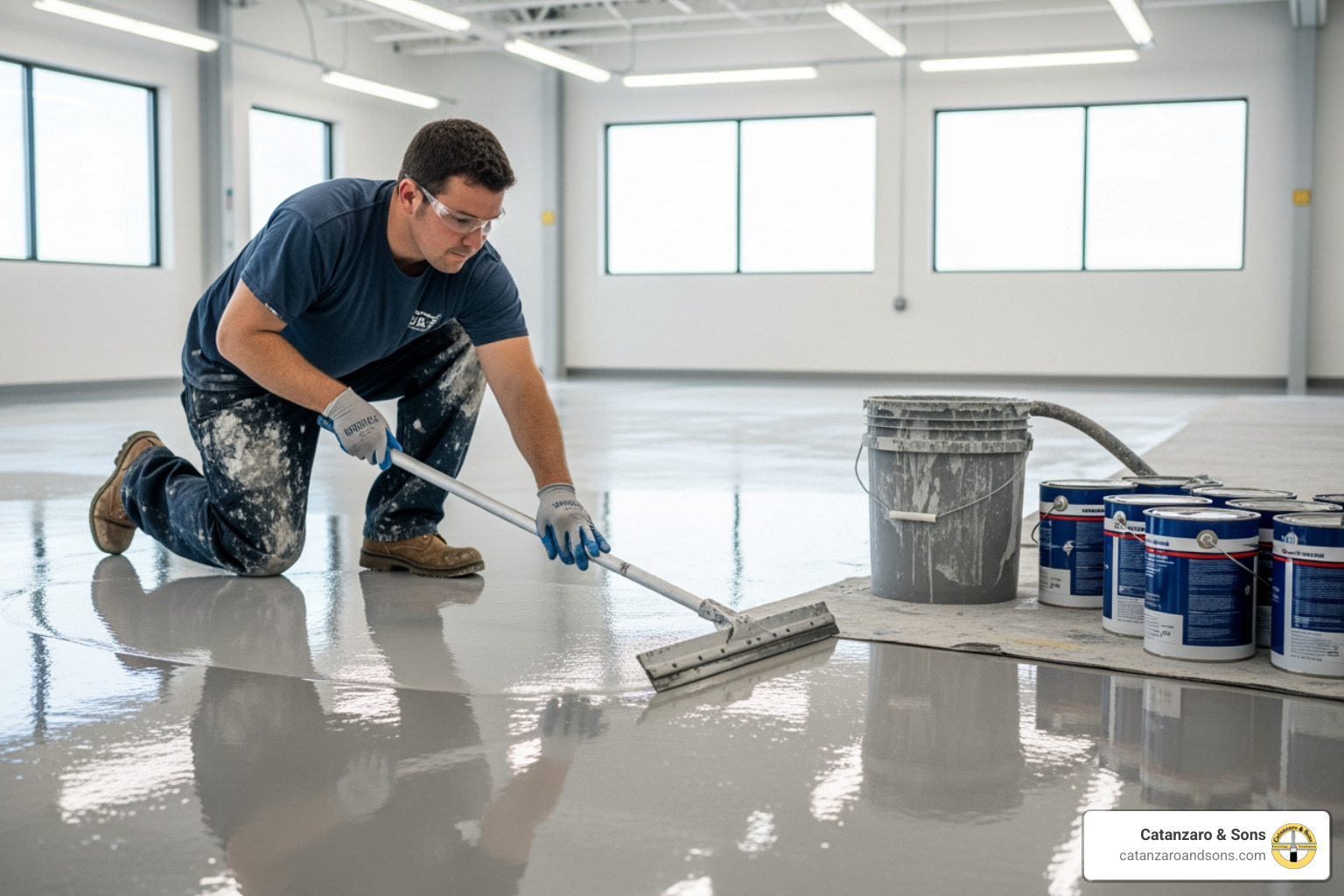 painter applying a specialized epoxy floor coating - commercial painting contractors RI painter applying a specialized epoxy floor coating - commercial painting contractors RI