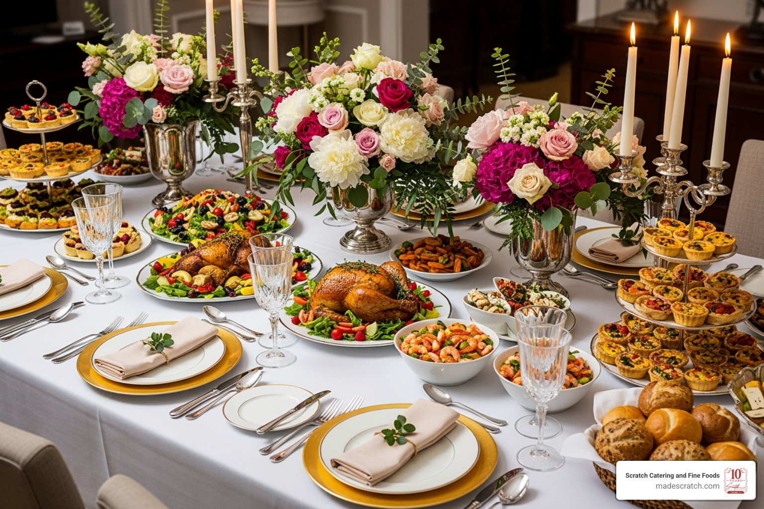 A beautifully decorated dining table set for a celebration, featuring elegant place settings, floral arrangements, and a spread of gourmet catered food. - catering for celebrations A beautifully decorated dining table set for a celebration, featuring elegant place settings, floral arrangements, and a spread of gourmet catered food. - catering for celebrations