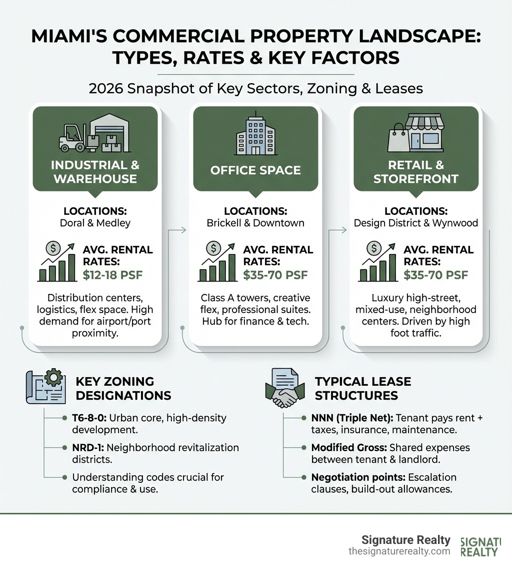 Infographic showing Miami's commercial property types with average rental rates: Industrial/Warehouse $12-18 PSF in Doral and Medley, Office Space $35-70 PSF in Brickell and Downtown, Retail $35-70 PSF in Design District and Wynwood, plus key zoning designations and typical lease structures - commercial property miami fl infographic Infographic showing Miami's commercial property types with average rental rates: Industrial/Warehouse $12-18 PSF in Doral and Medley, Office Space $35-70 PSF in Brickell and Downtown, Retail $35-70 PSF in Design District and Wynwood, plus key zoning designations and typical lease structures - commercial property miami fl infographic