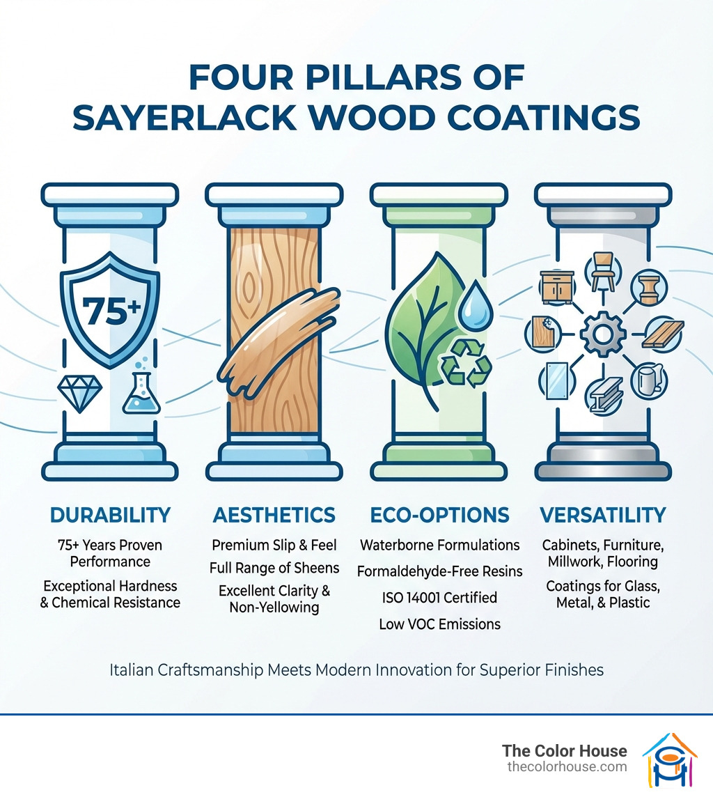 Infographic showing the four pillars of Sayerlack Wood Coatings: Durability (75+ years of proven performance, exceptional hardness and chemical resistance), Aesthetics (premium slip and feel, full range of sheens, excellent clarity and non-yellowing), Eco-Options (waterborne formulations, formaldehyde-free resins, ISO 14001 certified, low VOC emissions), and Versatility (systems for cabinets, furniture, millwork, flooring, plus coatings for glass, metal, and plastic) - Sayerlack Wood Coatings infographic 