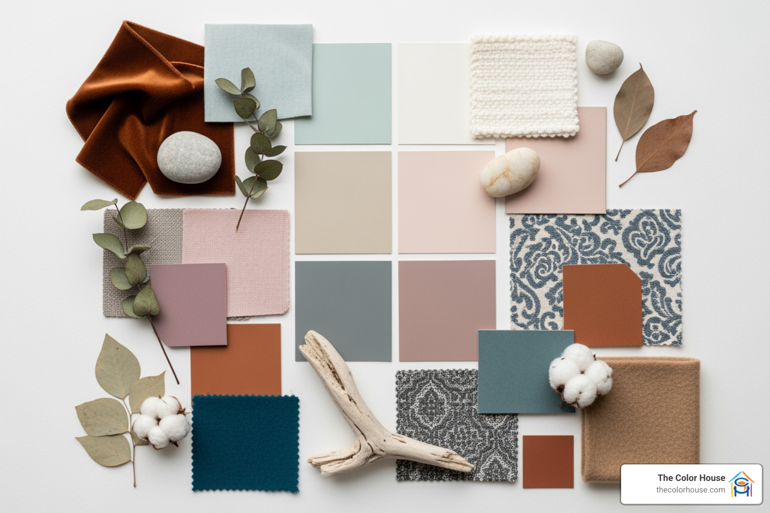A mood board combining paint chips, fabric swatches, and natural materials representing the 2026 palette - Benjamin Moore’s 2026 Color of the Year A mood board combining paint chips, fabric swatches, and natural materials representing the 2026 palette - Benjamin Moore’s 2026 Color of the Year