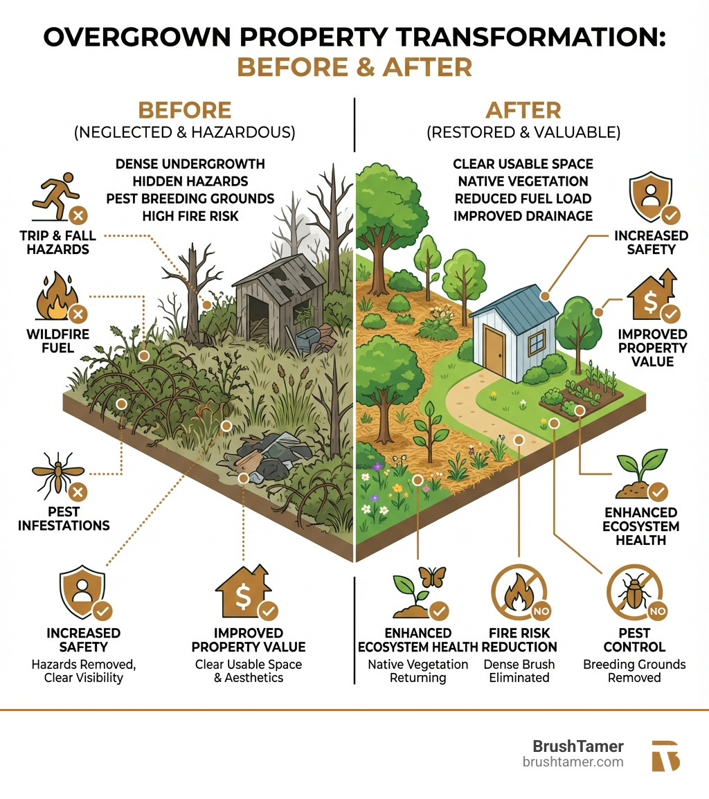 Infographic showing before and after comparison of overgrown property transformation with labeled benefits including increased safety with hazards removed, improved property value with clear usable space, enhanced ecosystem health with native vegetation returning, fire risk reduction with dense brush eliminated, and pest control with breeding grounds removed - fixing overgrown land infographic 