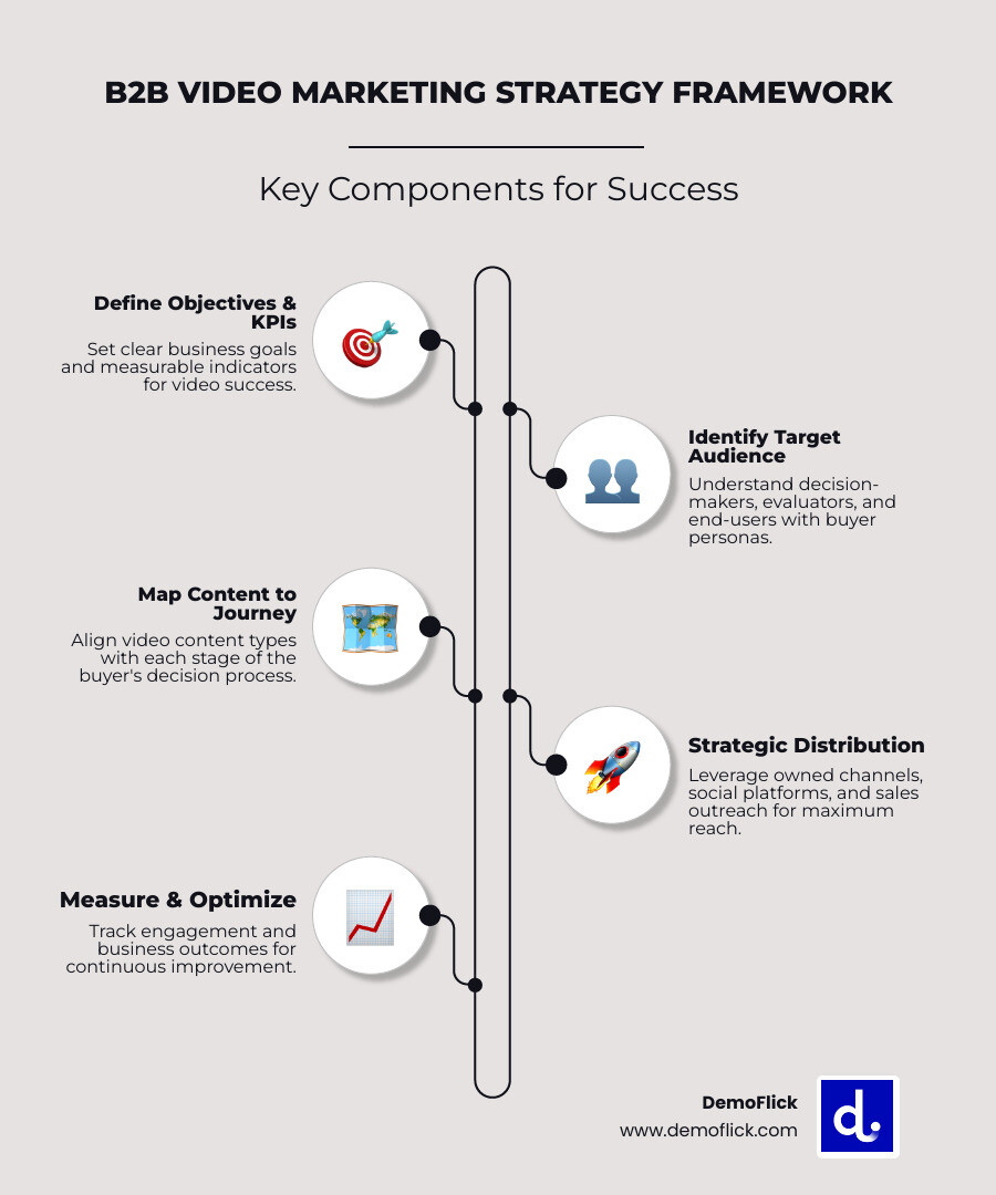 Infographic showing B2B video marketing strategy framework: six connected steps including Define Objectives with KPIs, Identify Target Audience and Personas, Map Content to Buyer Journey Stages, Choose Production Approach and Budget, Select Strategic Distribution Channels, and Establish Measurement and Optimization Process - B2B video marketing strategy infographic infographic-line-5-steps-elegant_beige Infographic showing B2B video marketing strategy framework: six connected steps including Define Objectives with KPIs, Identify Target Audience and Personas, Map Content to Buyer Journey Stages, Choose Production Approach and Budget, Select Strategic Distribution Channels, and Establish Measurement and Optimization Process - B2B video marketing strategy infographic infographic-line-5-steps-elegant_beige