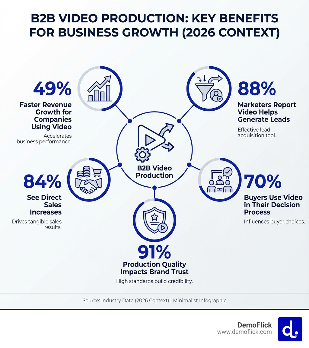 Infographic showing B2B video production benefits: 49% faster revenue growth for companies using video, 88% of marketers report video helps generate leads, 84% see direct sales increases, 70% of buyers use video in their decision process, and 91% say production quality impacts brand trust - b2b video production infographic Infographic showing B2B video production benefits: 49% faster revenue growth for companies using video, 88% of marketers report video helps generate leads, 84% see direct sales increases, 70% of buyers use video in their decision process, and 91% say production quality impacts brand trust - b2b video production infographic