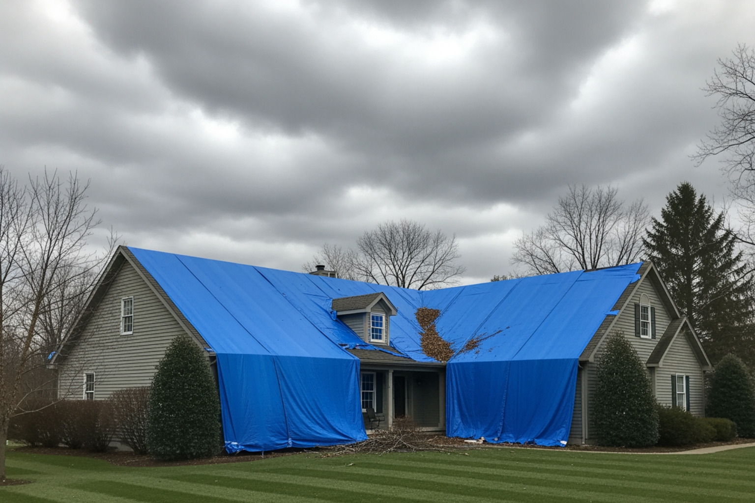 home with tarp on roof after a storm - property loss adjusting home with tarp on roof after a storm - property loss adjusting