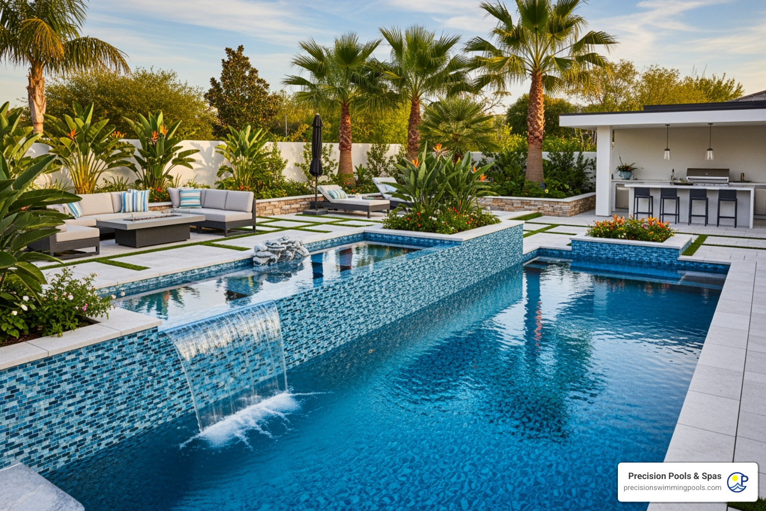 pool with intricate glass tile design and sheer descent waterfall - Luxury pool builder Houston