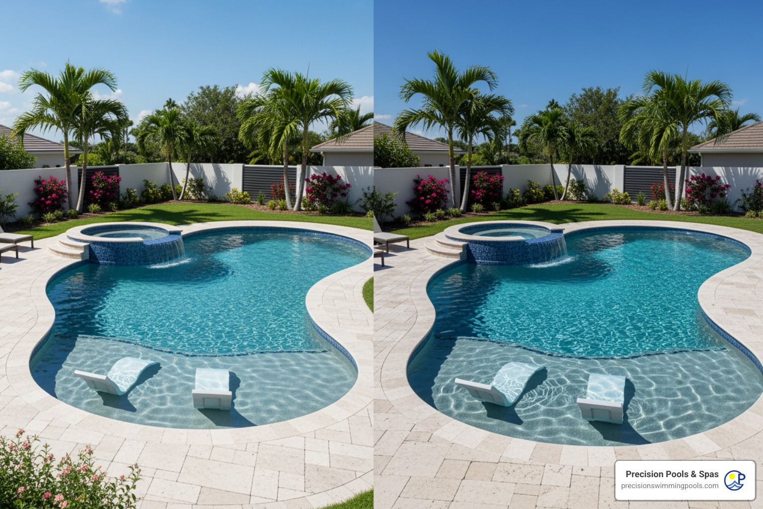 3D pool design rendering next to completed pool photo - Luxury pool builder Houston
