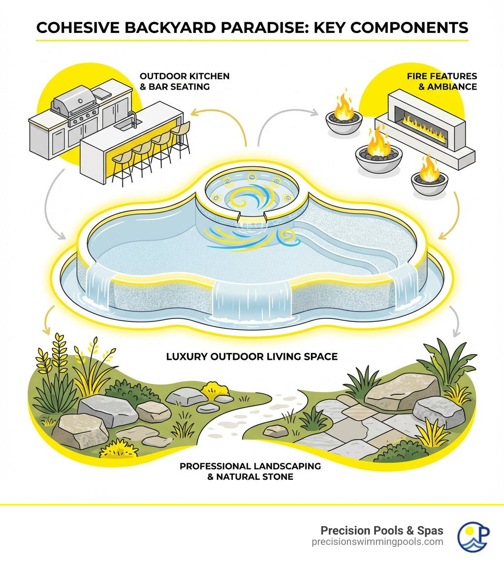Infographic showing the key components of a luxury outdoor living space: custom inground pool with infinity edge and premium finishes at the center, connected to an integrated spa with massage jets, outdoor kitchen with built-in grill and bar seating, fire feature such as fire bowls or fireplace for ambiance, and professional landscaping with native plants and natural stone, all designed to work together as a cohesive backyard paradise - Luxury pool builder Houston infographic 