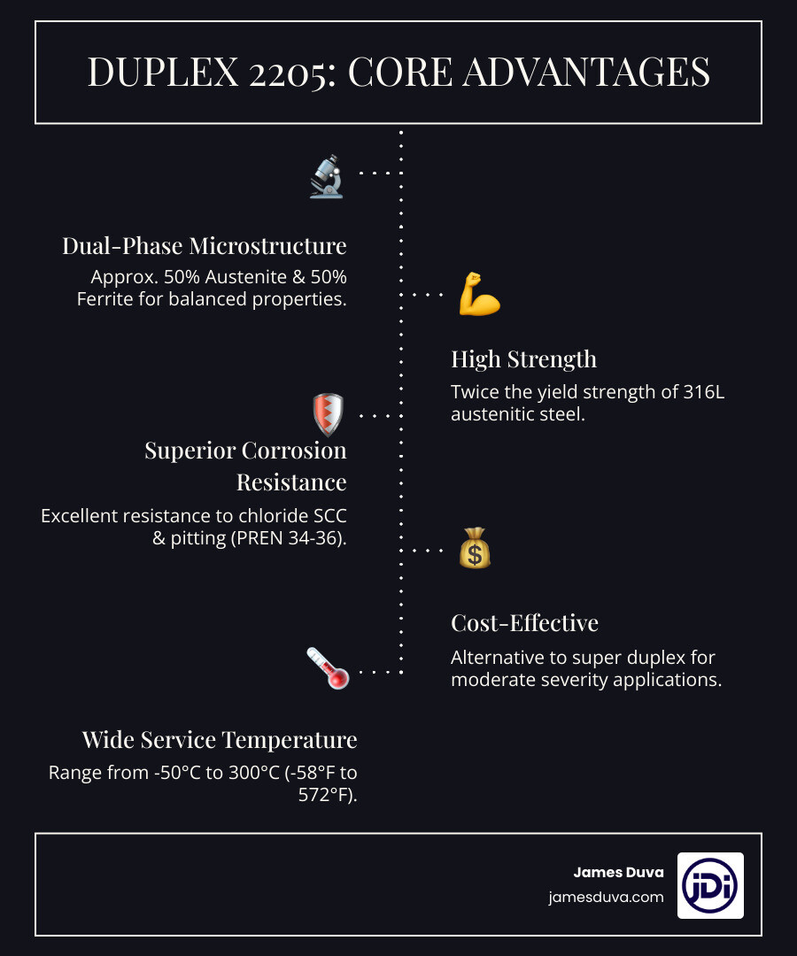 Infographic showing the dual-phase microstructure of Duplex 2205 with approximately 50% austenite and 50% ferrite phases, highlighting key benefits: twice the yield strength of 316L austenitic steel, superior resistance to chloride stress corrosion cracking and pitting corrosion (PREN 34-36), cost-effective alternative to super duplex grades, and service temperature range from -50°C to 300°C - duplex 2205 infographic infographic-line-5-steps-dark