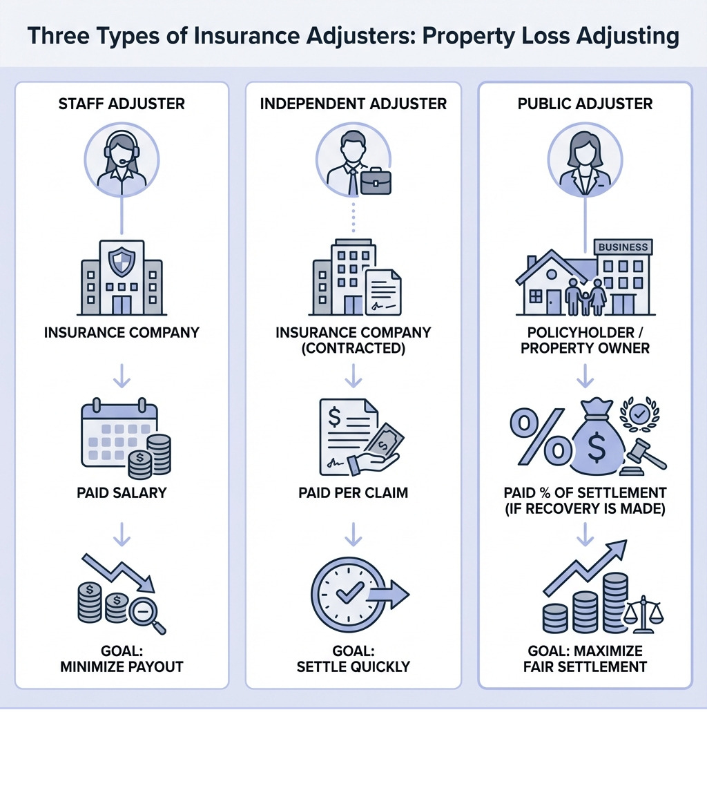Infographic showing three types of insurance adjusters: Staff Adjuster (employed by insurance company, paid salary by insurer, goal is to minimize payout), Independent Adjuster (contracted by insurance company, paid per claim by insurer, goal is to settle quickly), and Public Adjuster (licensed professional hired by policyholder, paid percentage of settlement only if recovery is made, goal is to maximize fair settlement for property owner) - property loss adjusting infographic Infographic showing three types of insurance adjusters: Staff Adjuster (employed by insurance company, paid salary by insurer, goal is to minimize payout), Independent Adjuster (contracted by insurance company, paid per claim by insurer, goal is to settle quickly), and Public Adjuster (licensed professional hired by policyholder, paid percentage of settlement only if recovery is made, goal is to maximize fair settlement for property owner) - property loss adjusting infographic